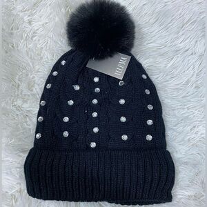ILLUMA Faux Fur Lined Rhinestone Studded Knit Beanie With Pom Pom Black